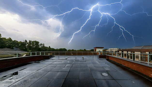 稲光が見える、雷が落ちた瞬間の空。土砂降りの雨。雨空の校舎の屋上。横幅の広い屋上。コンクリート、手すり、雨が降る空のある屋上の眺め。A sky with lightning and a thunderclap. A downpour of rain. A school rooftop under a rainy sky. A wide rooftop. A view of the rooftop 