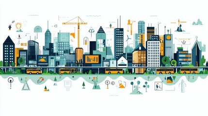 Modern sustainable cityscape with skyscrapers, wind turbines, and urban transportation