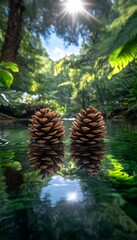 Pine cones reflecting in forest pool.