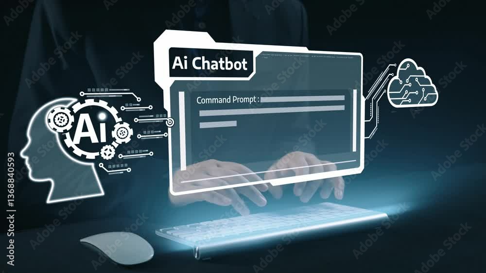 Poster human interact with ai artificial intelligence virtual assistant chatbot in concept of ai artificial