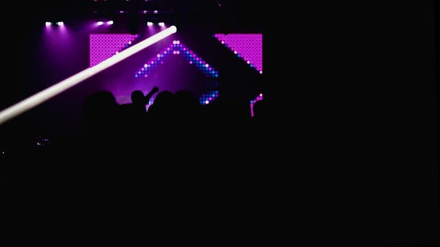 Dark outlines of dancers grooving under disco lights
