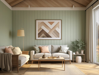 Fototapeta premium Living room interior with light sage tone wood wall panelling and teal and bronze color interior accents. Sofa with pillows and large artwork on the wall