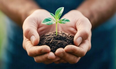 A person gently holds a small plant with soil in their hands, representing environmental care and growth.