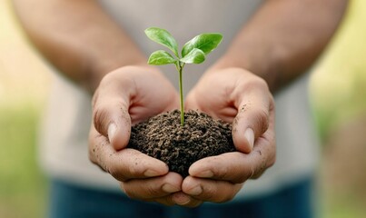 A young plant seedling is gently held in cupped hands filled with soil, symbolizing new life and growth.