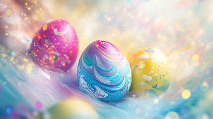 Fototapeta premium Abstract Easter-themed digital art with swirling pastel patterns, painted eggs and soft light flares, seamless loop background, high resolution