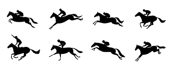 A set of silhouettes on the theme of horse racing with obstacles