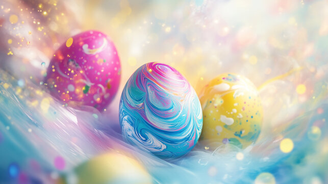 Abstract Easter-themed digital art with swirling pastel patterns, painted eggs and soft light flares, seamless loop background, high resolution - Powered by Adobe
