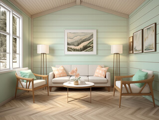 Living room interior with light sage tone  wood wall panelling and teal and bronze color interior accents. Sofa with pillows and large artwork on the wall