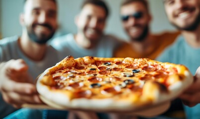Four cheerful friends share a delicious pizza with pepperoni and olives, ready to eat together.