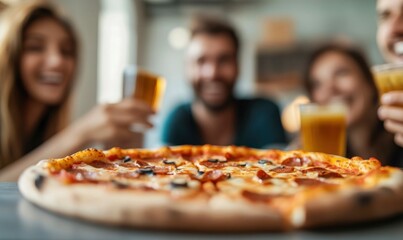 A delicious pizza sits at the center of a joyful gathering with friends enjoying drinks and good company.
