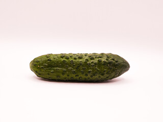 Green cucumber, lying horizontally on a white background, side view, close-up