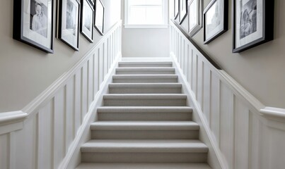 Fototapeta premium Bright stairway in a modern home interior, adorned with framed family photos along the walls.