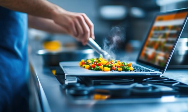 A person is cooking vegetables on a stove using a laptop, showing a modern culinary scene.