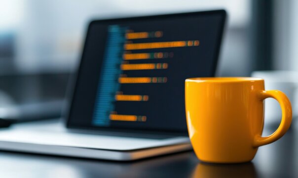 A bright yellow mug is positioned next to a laptop displaying code, ready for a coding session.