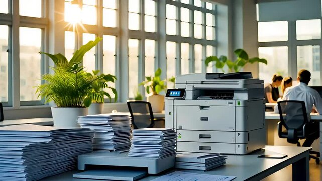 Busy modern office with paper stacks and copier bathed in warm morning light