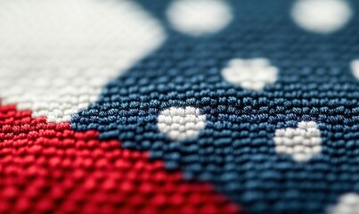 Intricate macro shot captures the texture and pattern of red, white, and blue polka dot fabric.