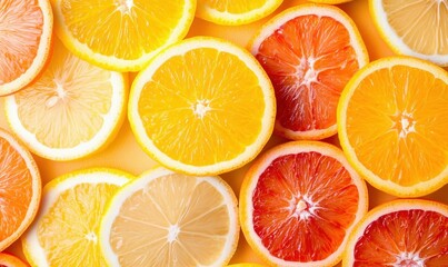 Fototapeta premium A bright and cheerful display of citrus slices featuring lemons, oranges, and blood oranges.