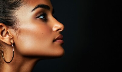 Profile view of a woman with radiant skin wearing stylish gold hoop earrings on dark background.