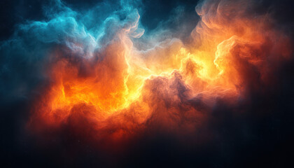 Fototapeta premium A mesmerizing celestial dance unfolds, swirling clouds of fiery orange, vibrant blue, and rich gold, creating a breathtaking cosmic nebula.