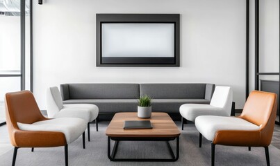 Well-lit and spacious office lounge area featuring modern furniture, ideal for business meetings.