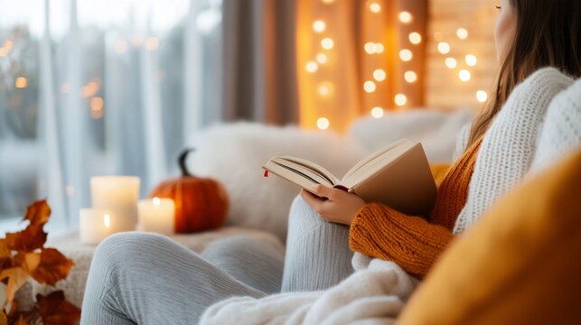 Woman reading in cozy, warm room with fall decor and soft light