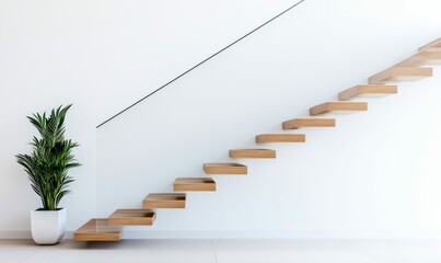 Naklejka premium Floating wooden staircase graces a minimalist white interior next to a potted plant, creating a modern aesthetic.