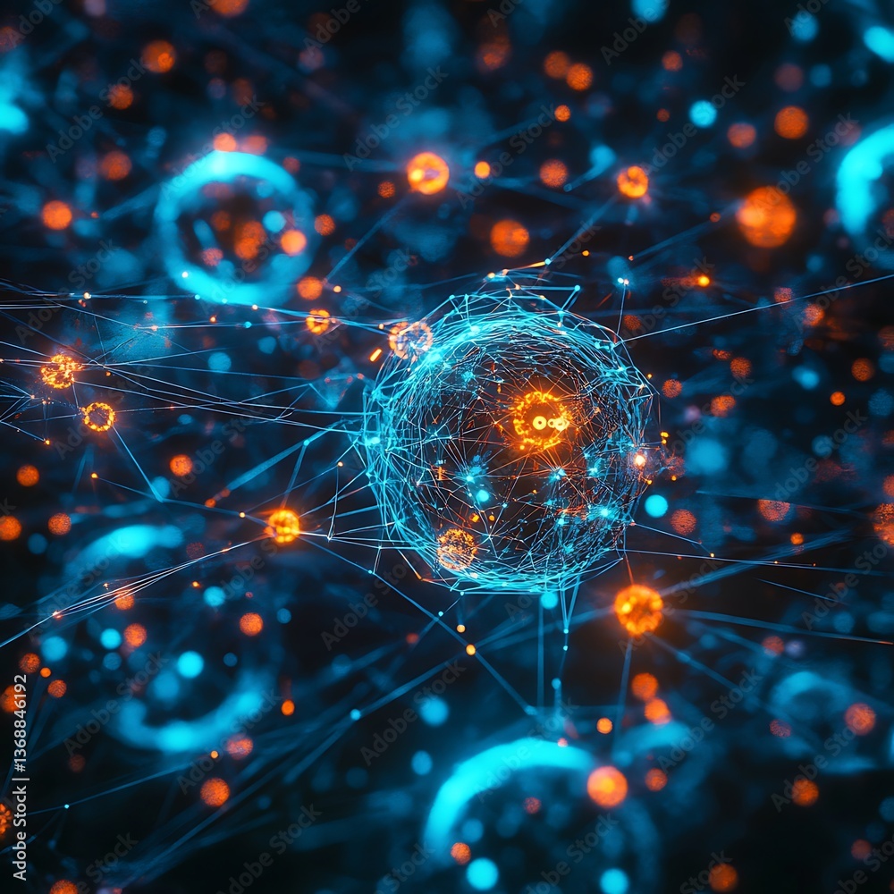 Poster abstract representation of interconnected systems. complex network of glowing spheres and lines