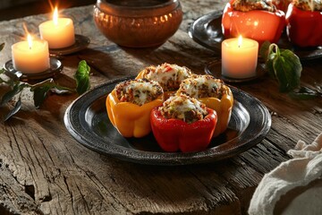 Savory stuffed bell peppers on rustic table with warm candlelight
