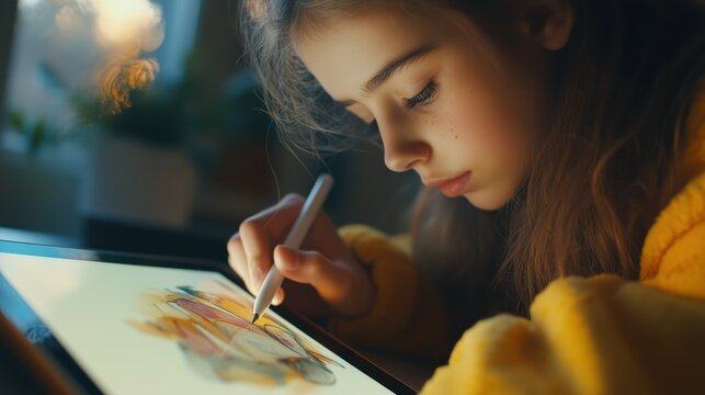 Young girl focused on digital illustration on tablet with stylus, natural light and indoor setting create cozy atmosphere, shallow depth of field. - Powered by Adobe