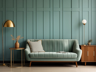 Living room interior with teal tone board and batten wood wall panelling and teal and bronze color interior accents. Sofa with pillows and large artwork on the wall