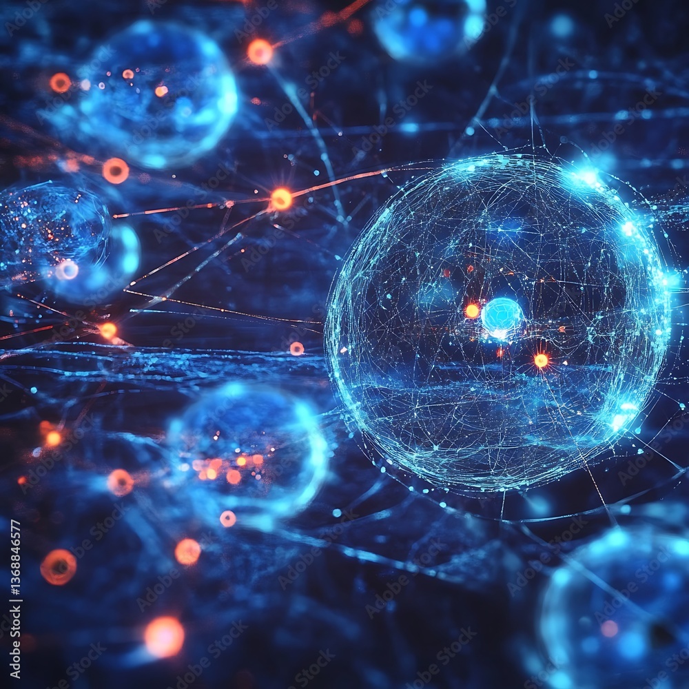 Poster abstract representation of interconnected particles, possibly atoms or cells, in a complex network. 
