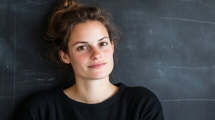 Woman smiling gently, resting against dark surface, hair in a loose bun