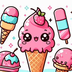 A cartoon drawing of a pink ice cream cone with a cherry on top