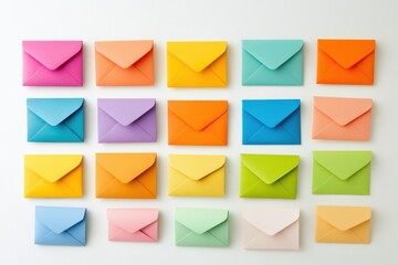 Brightly colored envelopes arranged in a vibrant pattern showcase creativity and organization in a workspace setting