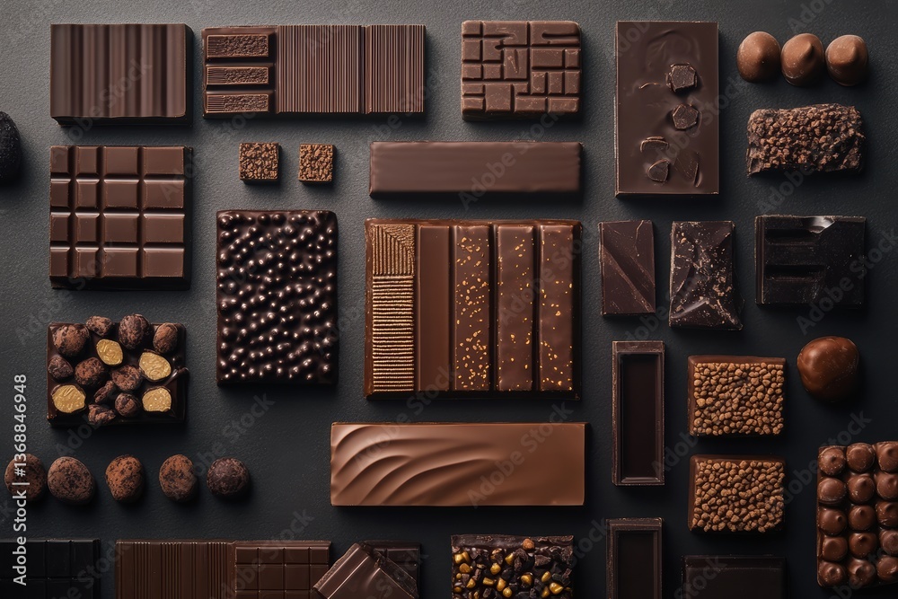 Poster assortment of gourmet dark chocolate varieties arranged on a dark surface showcasing rich textures a