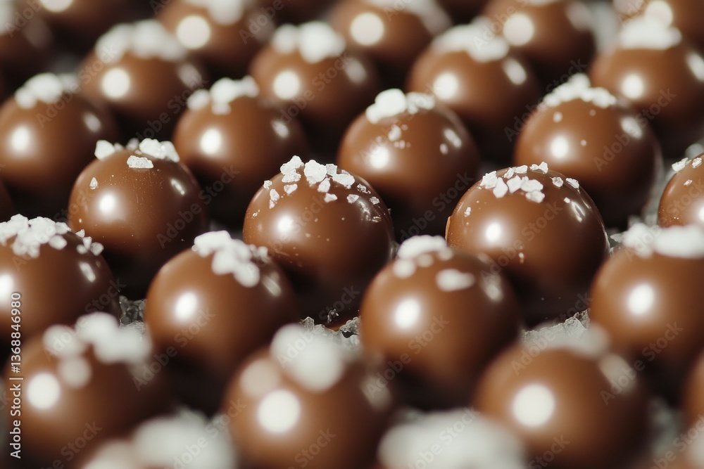 Poster delicious chocolate truffles sprinkled with sea salt arranged in a tempting pattern on a dark surfac