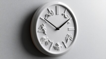 A unique wall clock with decorative figures indicating the hours in a minimalist style