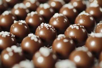 Fototapeta premium Delicious chocolate truffles sprinkled with sea salt arranged in a tempting pattern on a dark surface