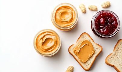 Fototapeta premium Overhead view of peanut butter jars, strawberry jam, and a peanut butter sandwich on white background.