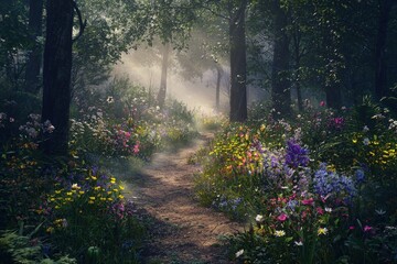Fototapeta premium Serene forest path with sunbeams and wildflowers