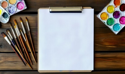 Blank paper on a clipboard surrounded by paintbrushes and watercolor palettes, perfect for art projects.