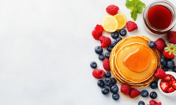 Golden pancakes drizzled with syrup and surrounded by fresh raspberries and blueberries offer a tempting breakfast.