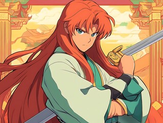 Warrior with Asian landscape, and sword.