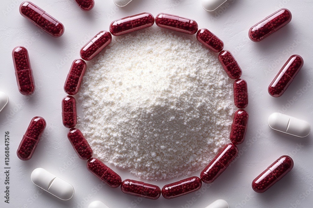 Poster capsules surround powdered substance on a clean surface in a well-lit indoor setting
