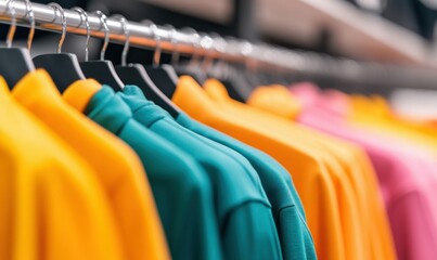 Fototapeta premium Vibrant hoodies in yellow, teal, and pink hang on a rack in a bright clothing store.