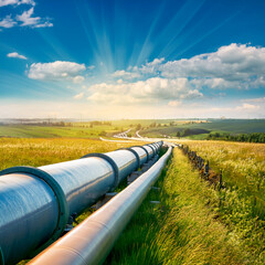 Oil and gas pipeline routes, many pipes running through meadows in summer landscape
