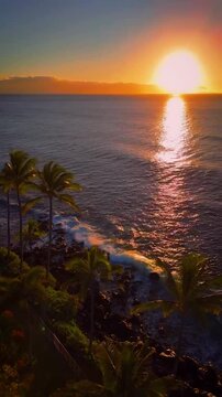 Hawaii Maui Ocean View. Evening Sunset Sky Over Sea Calm Surface, Clear Peaceful Water Texture, Open Horizon Line Panoramic Natural Real Time, Silhouetted Sunset Magic - Vertical.