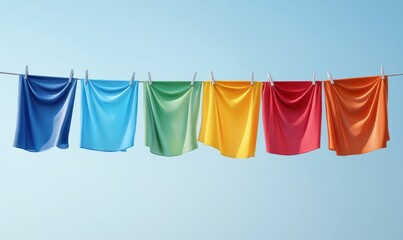 A vibrant row of colorful towels hanging on a clothesline against a brilliant blue sky.