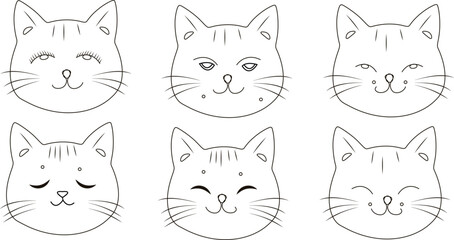 Cute Cat Faces Collection icon set Line Art Illustrations