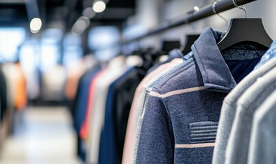 Naklejka premium Colorful row of men's shirts and hoodies hang neatly at a store, inviting customers to browse.